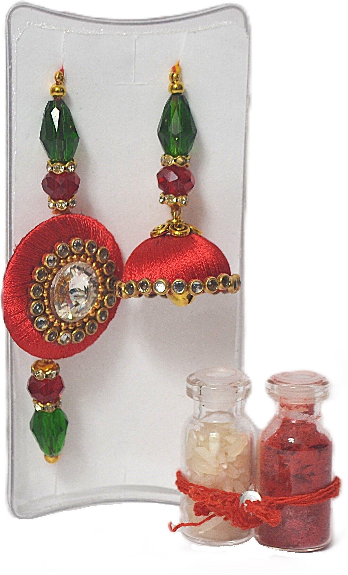 Premium Handcrafted Bhaiya Bhabhi Rakhi Combo with Kalava Thread Jhumki Design, Crystal Beads, Roli thumbnail 2
