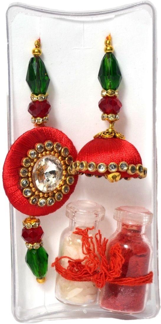 Premium Handcrafted Bhaiya Bhabhi Rakhi Combo with Kalava Thread Jhumki Design, Crystal Beads, Roli thumbnail 4