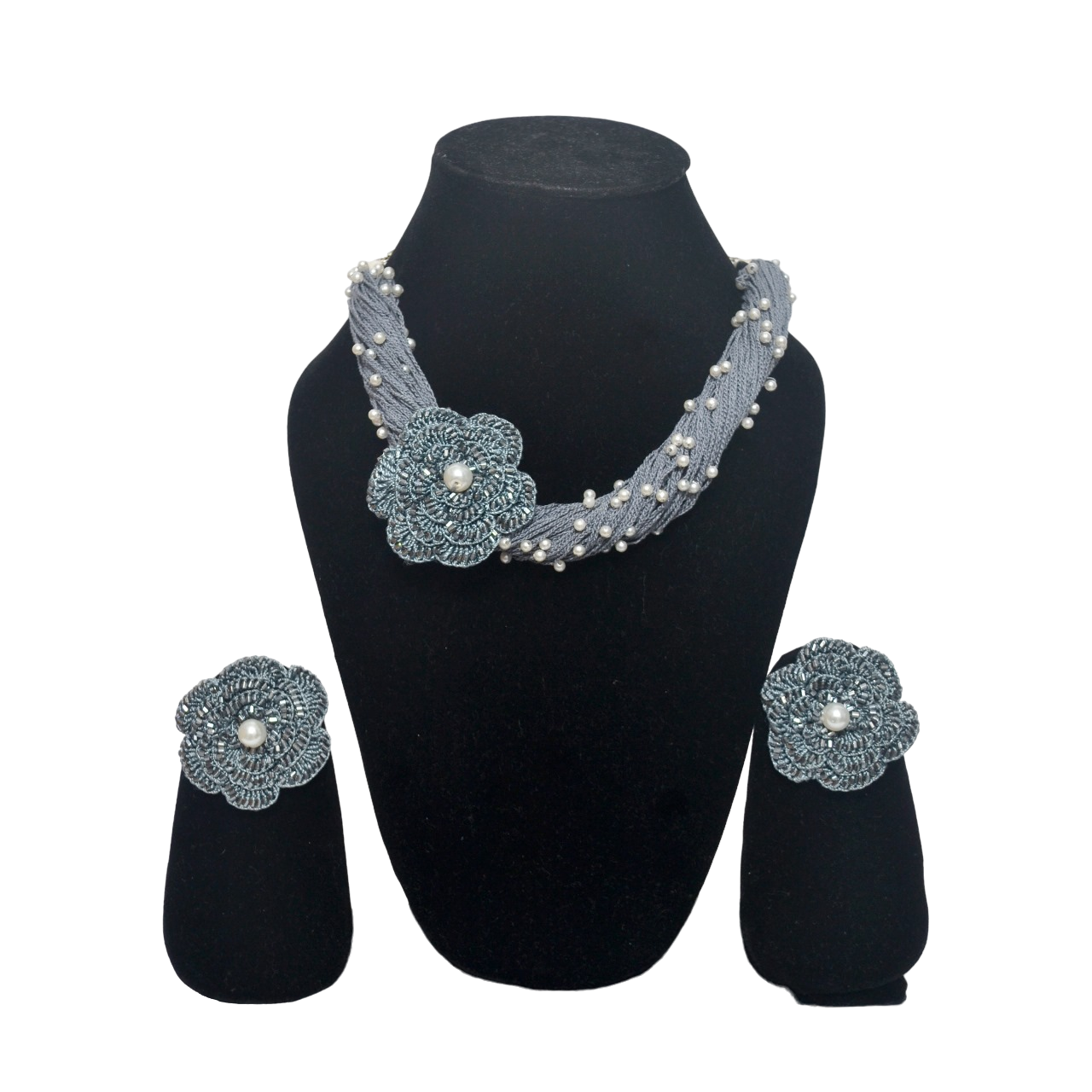 Handcrafted Grey Floral Crochet Necklace and Earring Set with Faux Pearls