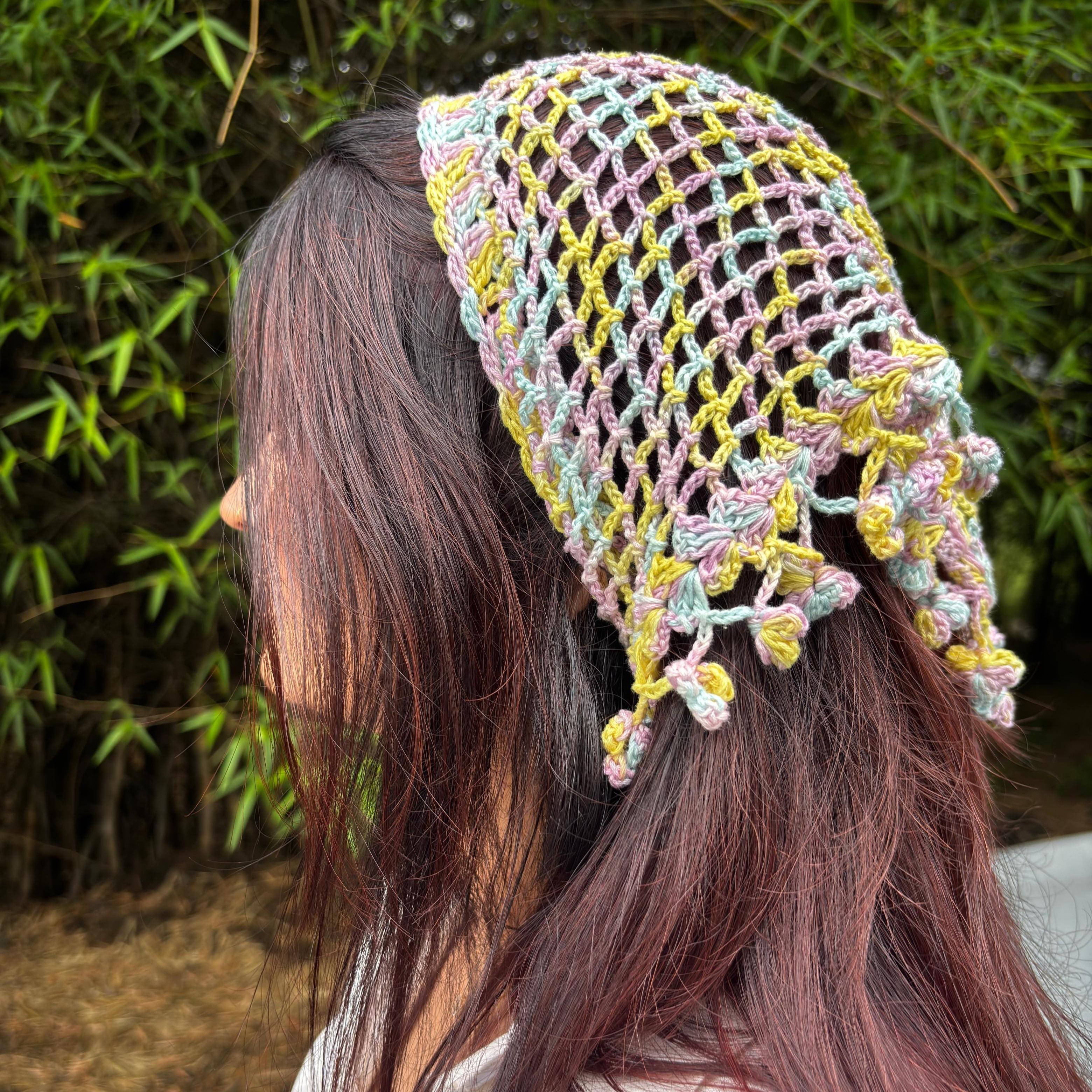Handcrafted Pastel Crochet Hair Bandana – Boho Cotton Headscarf