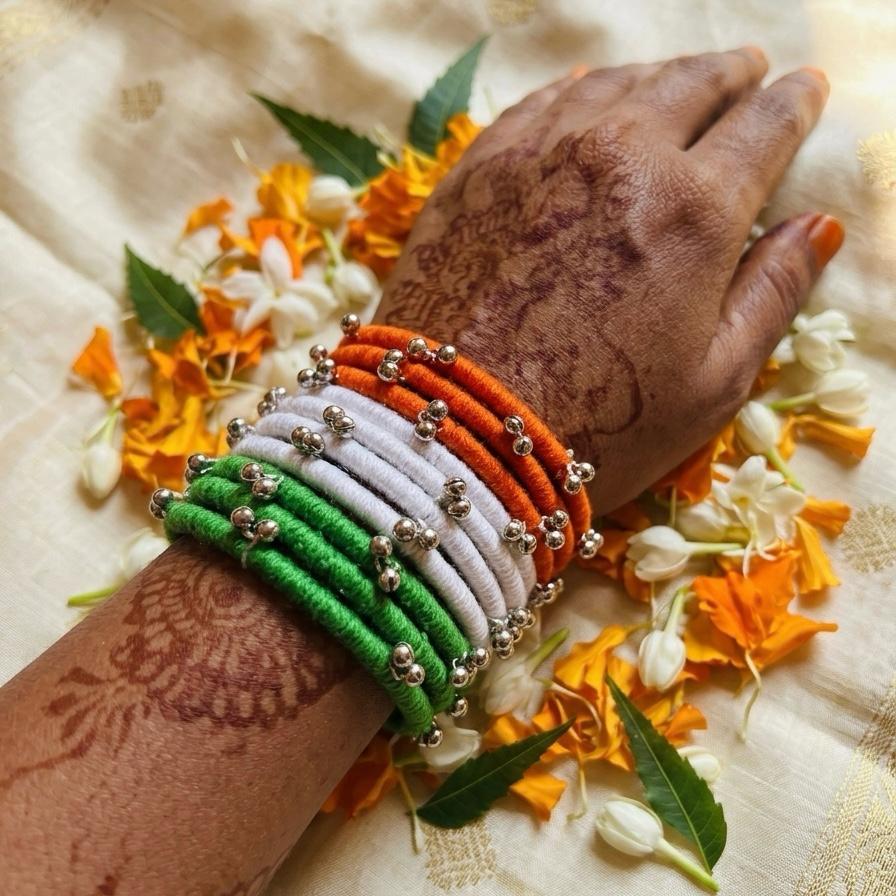 Handcrafted Tiranga Thread Bangles with Silver Ghungroo Beads (Set of 12)