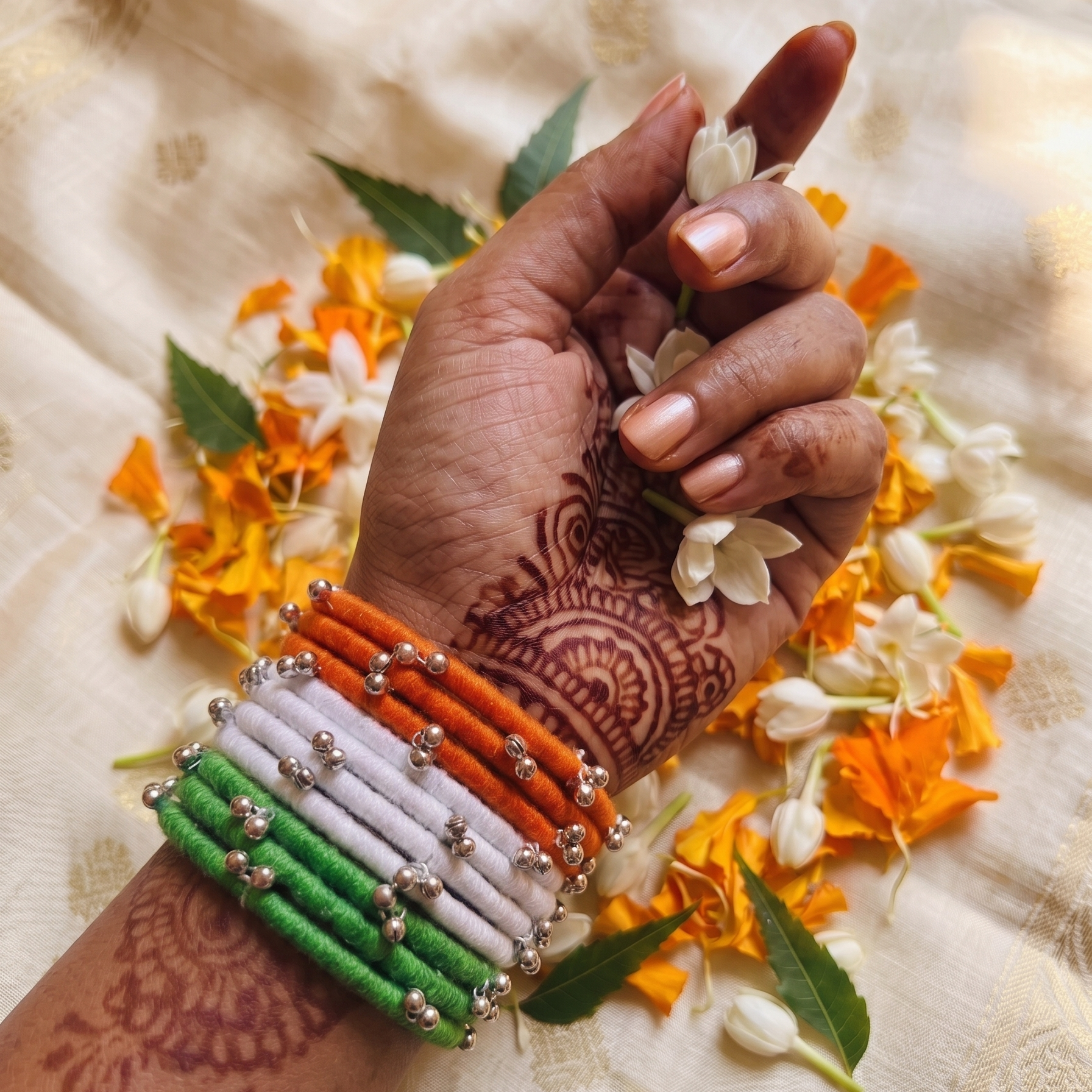 Handcrafted Tiranga Thread Bangles with Silver Ghungroo Beads (Set of 12) thumbnail 3