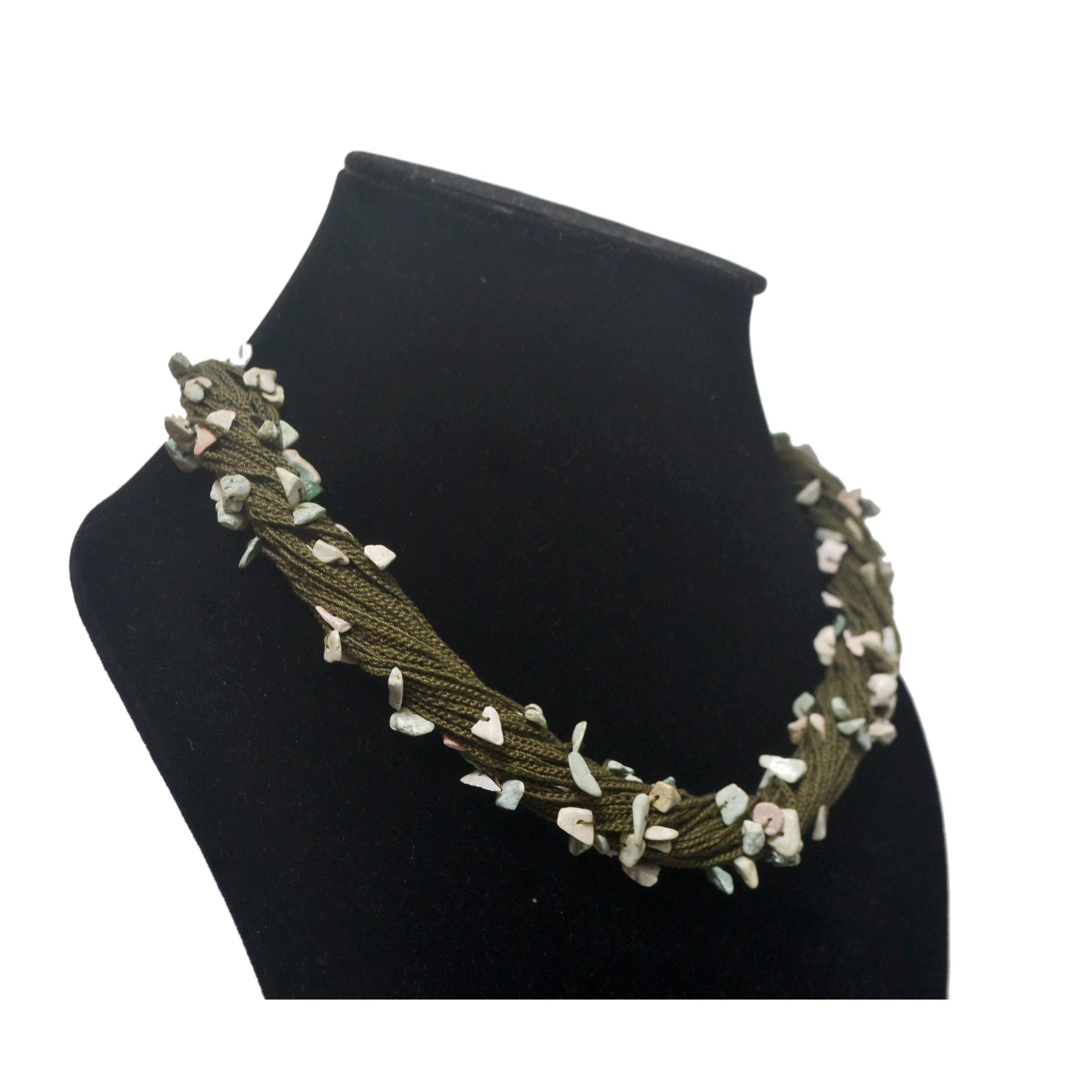 Handcrafted Olive Green Crochet Thread Necklace with Semi-Precious Stone Chips thumbnail 2