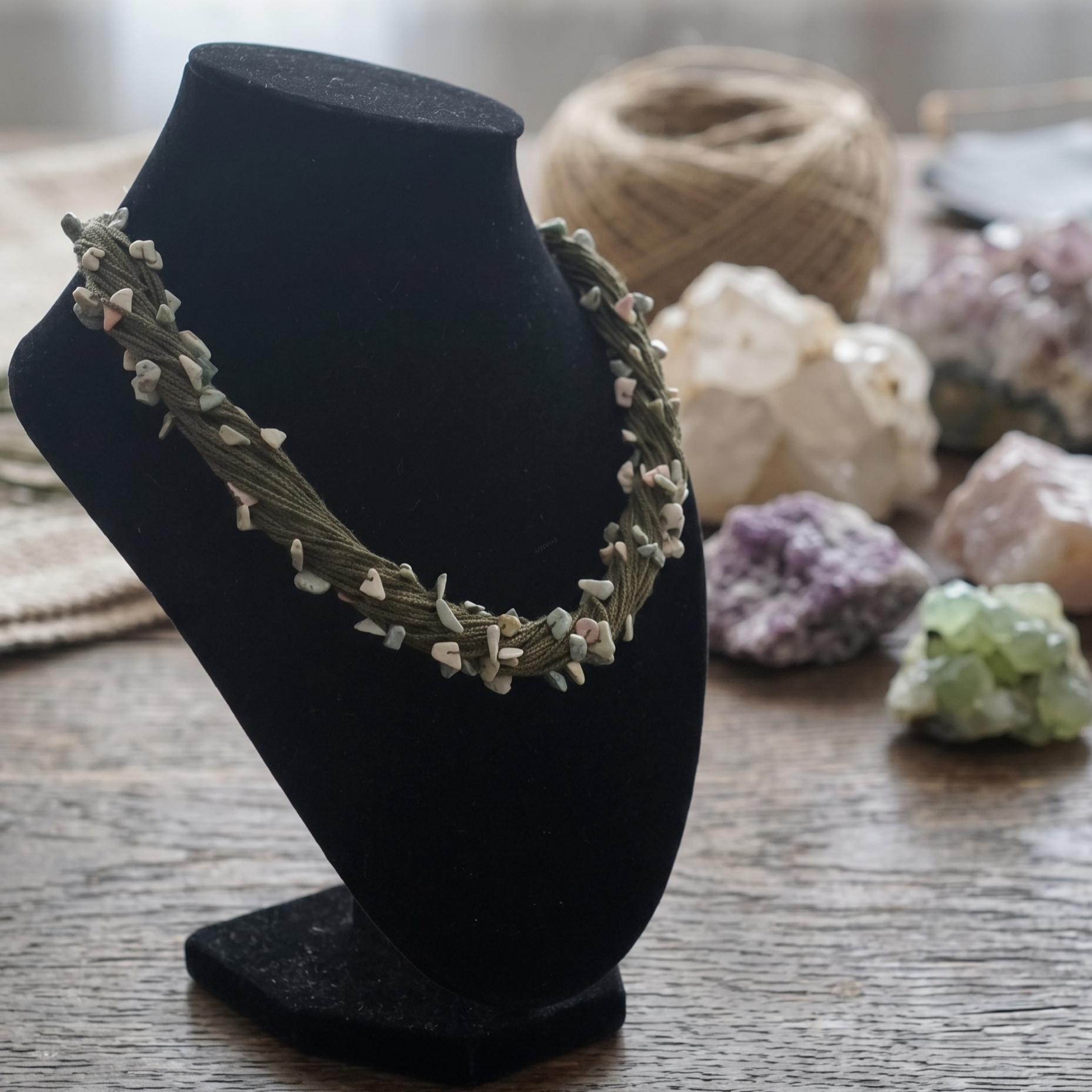 Handcrafted Olive Green Crochet Thread Necklace with Semi-Precious Stone Chips thumbnail 4