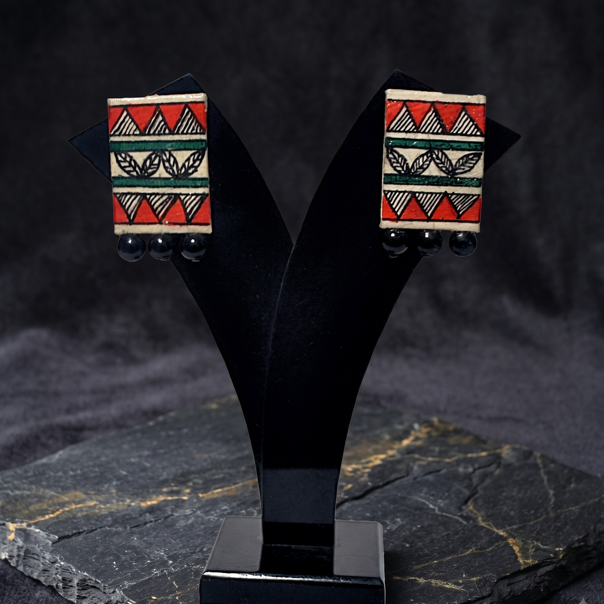 Hand-painted Madhubani Folk Art Paper Earrings - Traditional Katchni Pattern