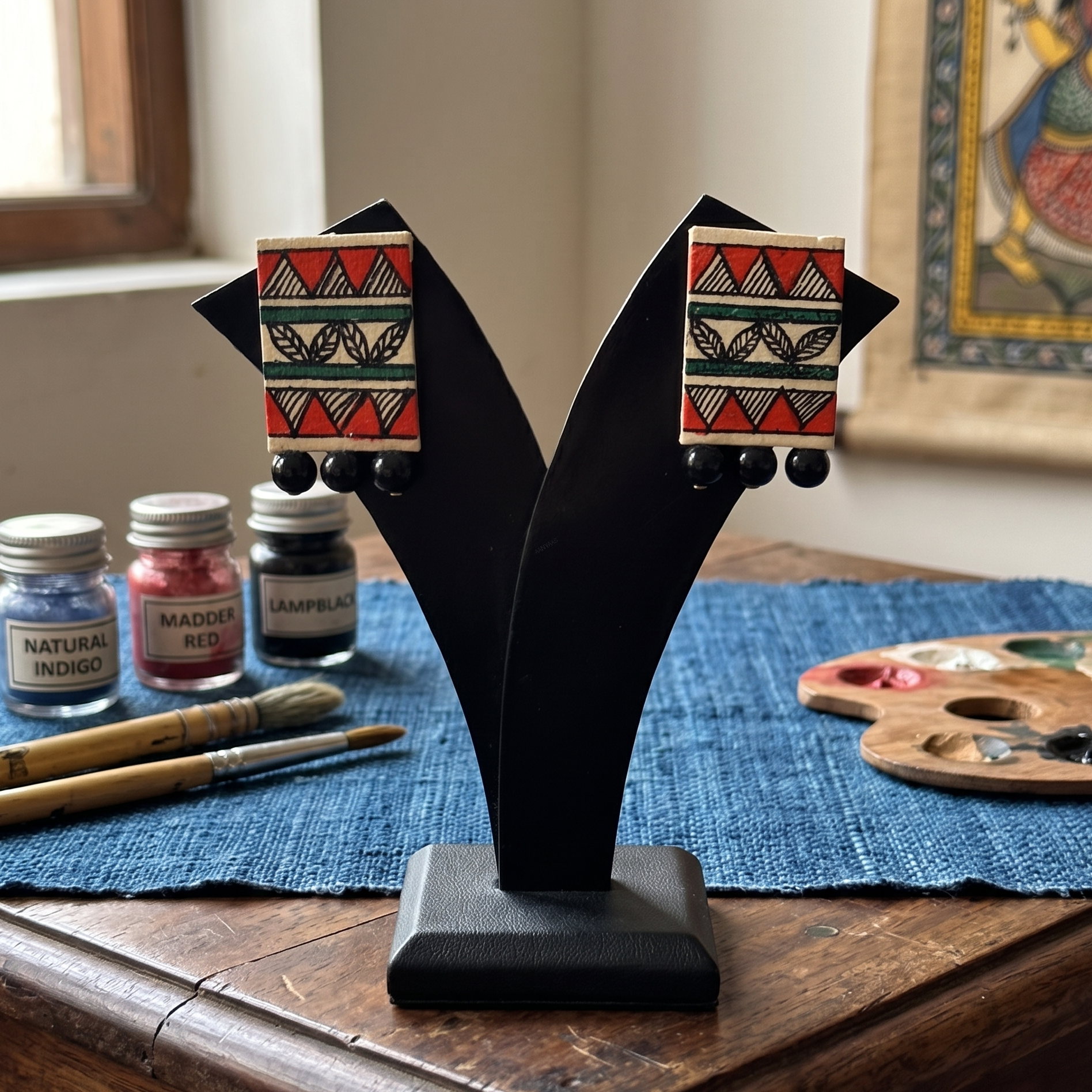 Hand-painted Madhubani Folk Art Paper Earrings - Traditional Katchni Pattern thumbnail 3