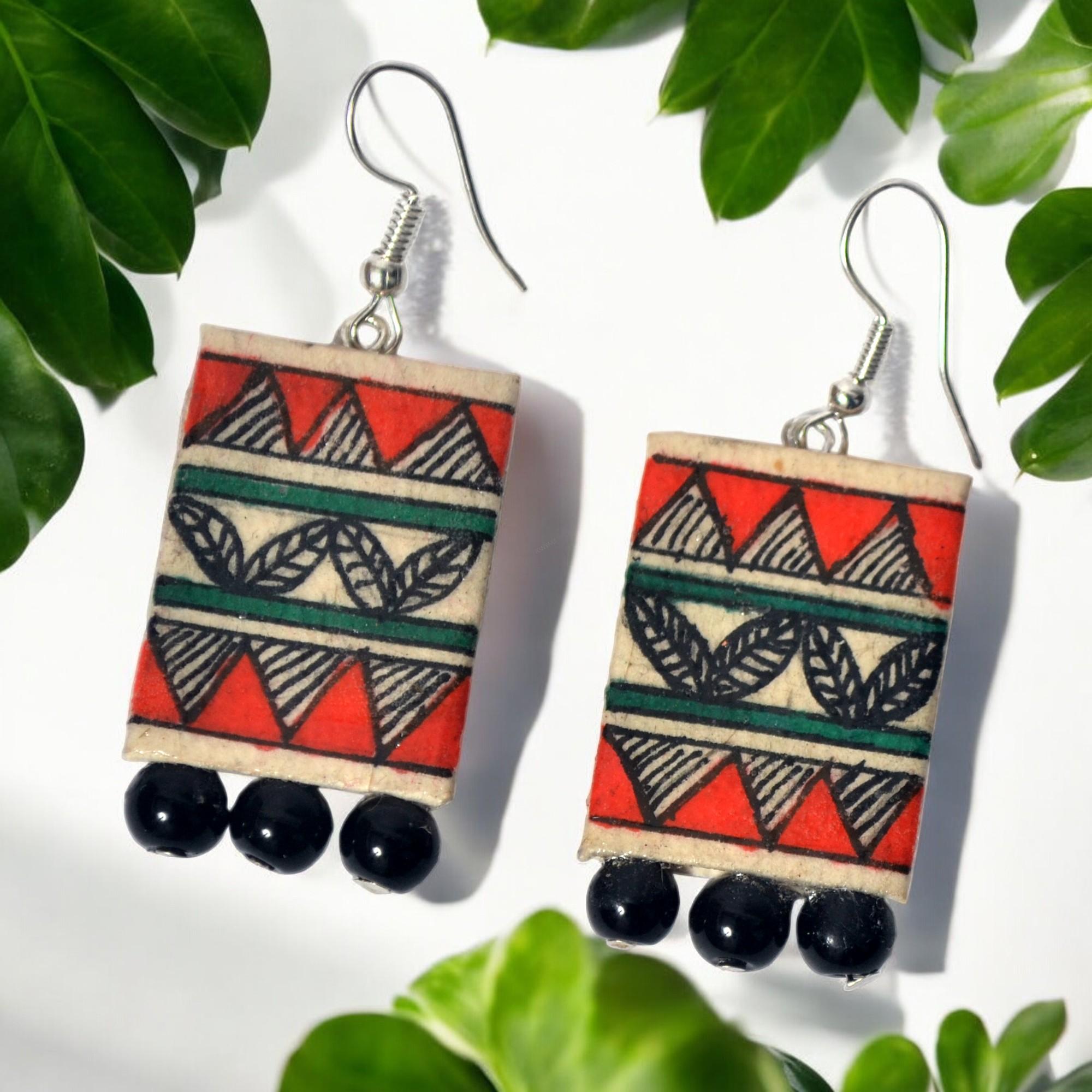 Hand-painted Madhubani Folk Art Paper Earrings - Traditional Katchni Pattern thumbnail 2