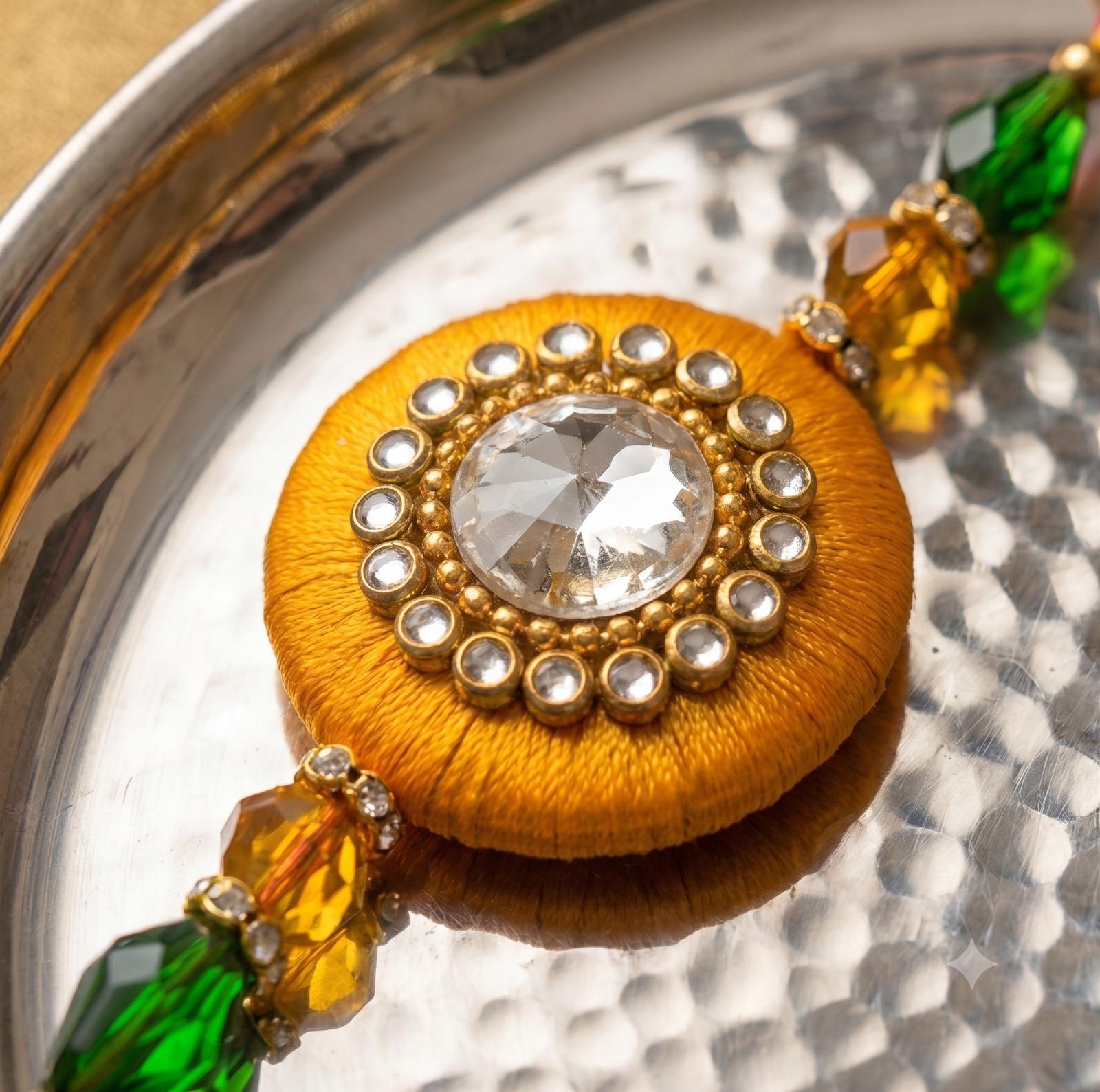 Premium Handcrafted Bhaiya Bhabhi Rakhi Combo with Kalava Thread Jhumki Design, Crystal Beads, Roli thumbnail 4