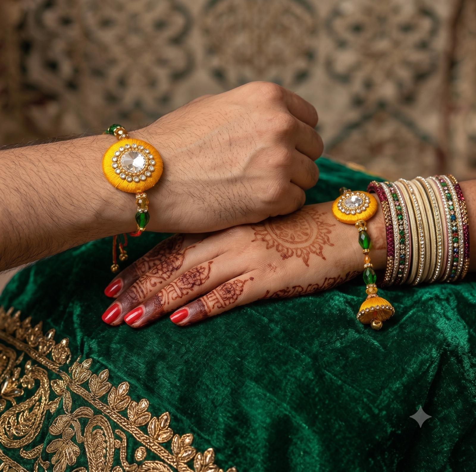 Premium Handcrafted Bhaiya Bhabhi Rakhi Combo with Kalava Thread Jhumki Design, Crystal Beads, Roli