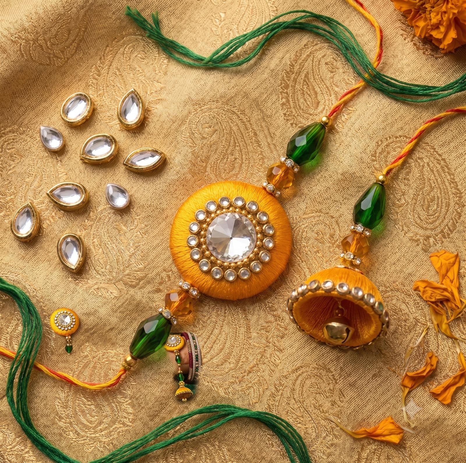 Premium Handcrafted Bhaiya Bhabhi Rakhi Combo with Kalava Thread Jhumki Design, Crystal Beads, Roli thumbnail 2