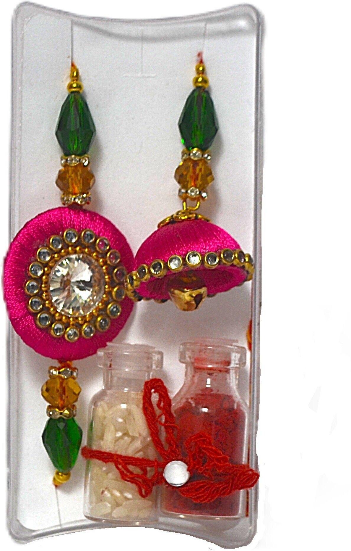 Premium Handcrafted Bhaiya Bhabhi Rakhi Combo with Kalava Thread Jhumki Design, Crystal Beads, Roli  thumbnail 2