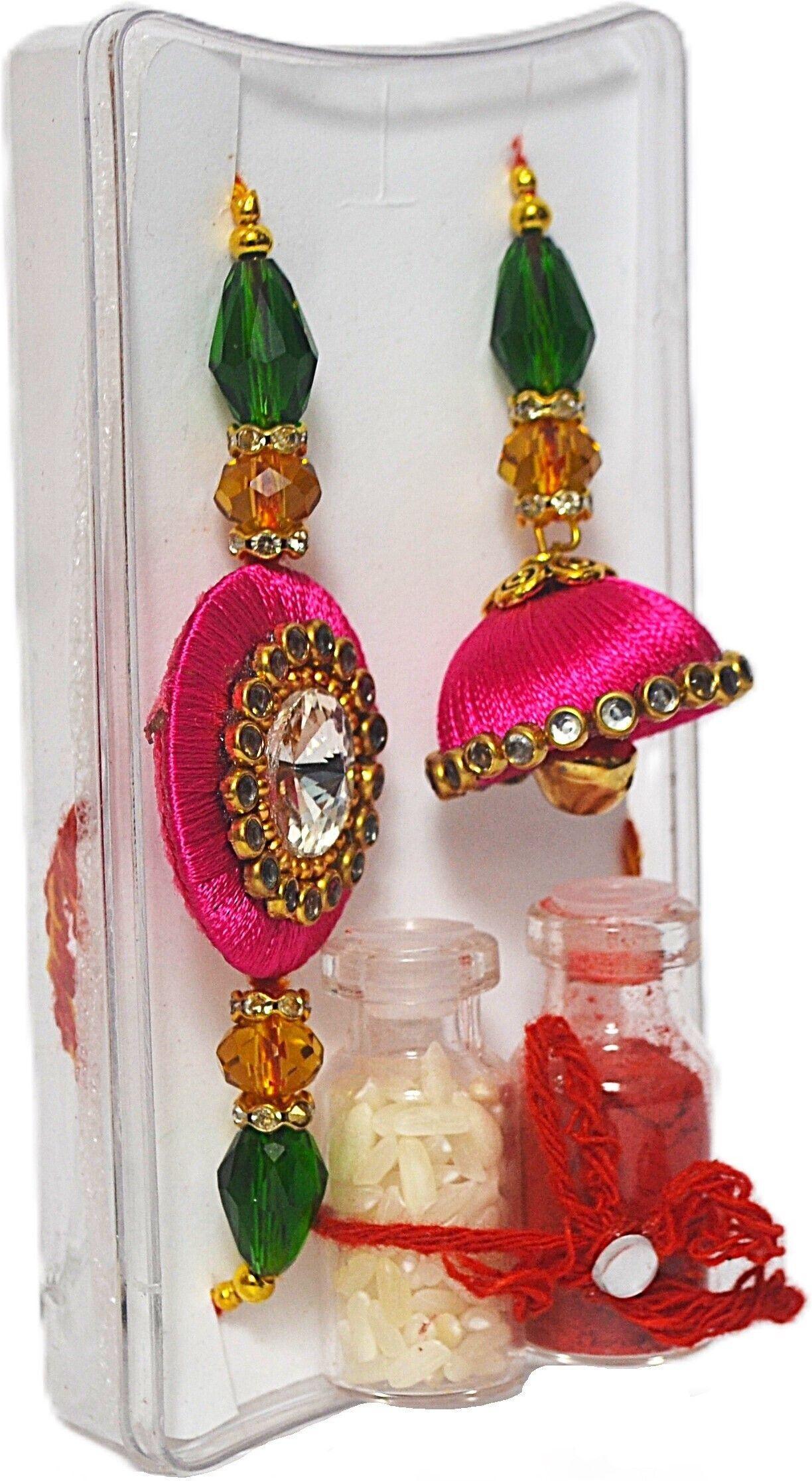Premium Handcrafted Bhaiya Bhabhi Rakhi Combo with Kalava Thread Jhumki Design, Crystal Beads, Roli  thumbnail 4