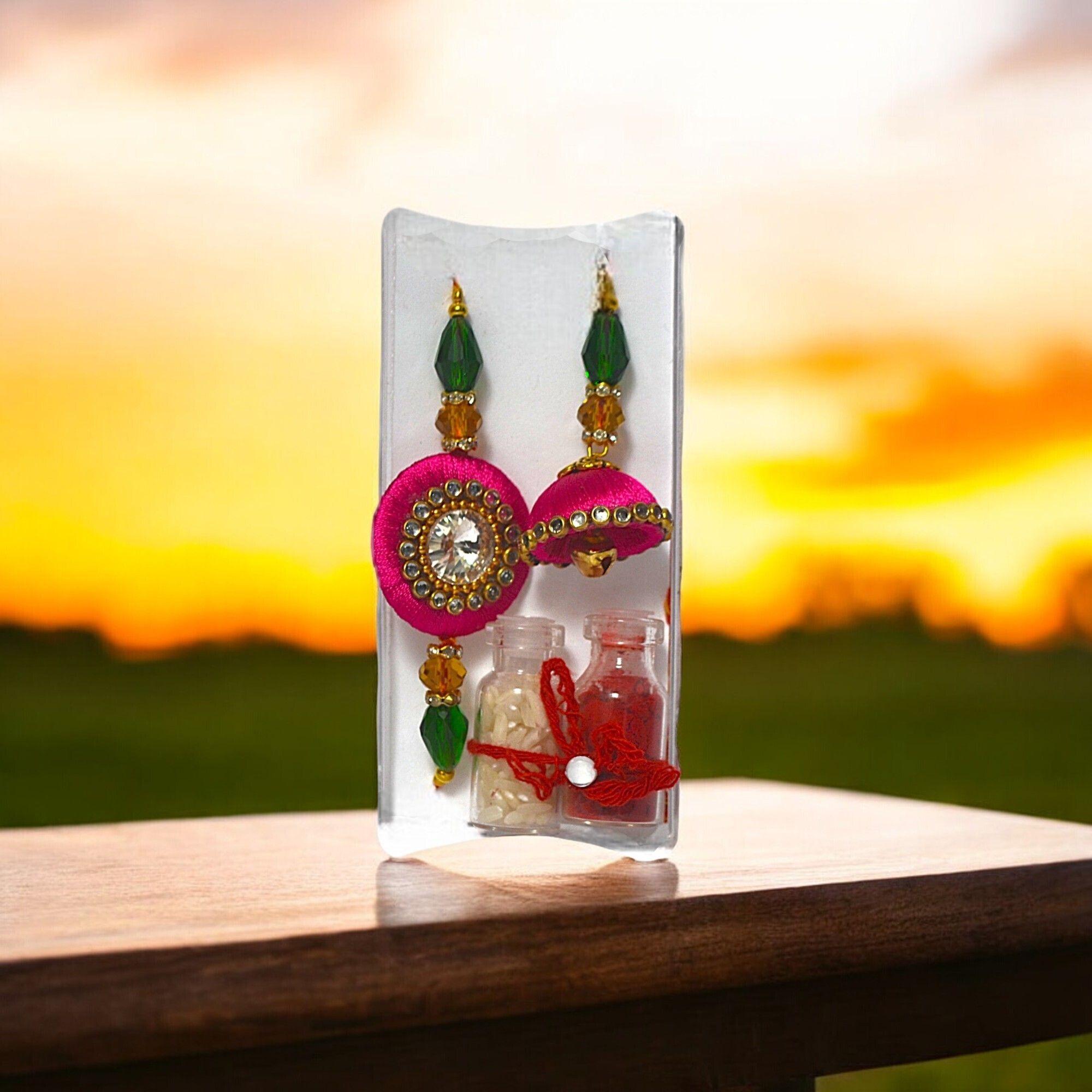 Premium Handcrafted Bhaiya Bhabhi Rakhi Combo with Kalava Thread Jhumki Design, Crystal Beads, Roli  thumbnail 3