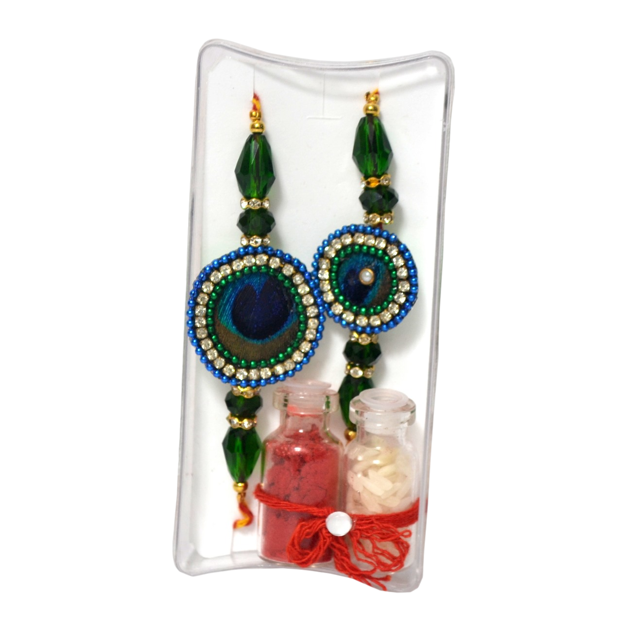 Handcrafted Peacock Feather Designer Rakhi Set of 2 with Kalava Thread, Roli & Akshat Vials thumbnail 5