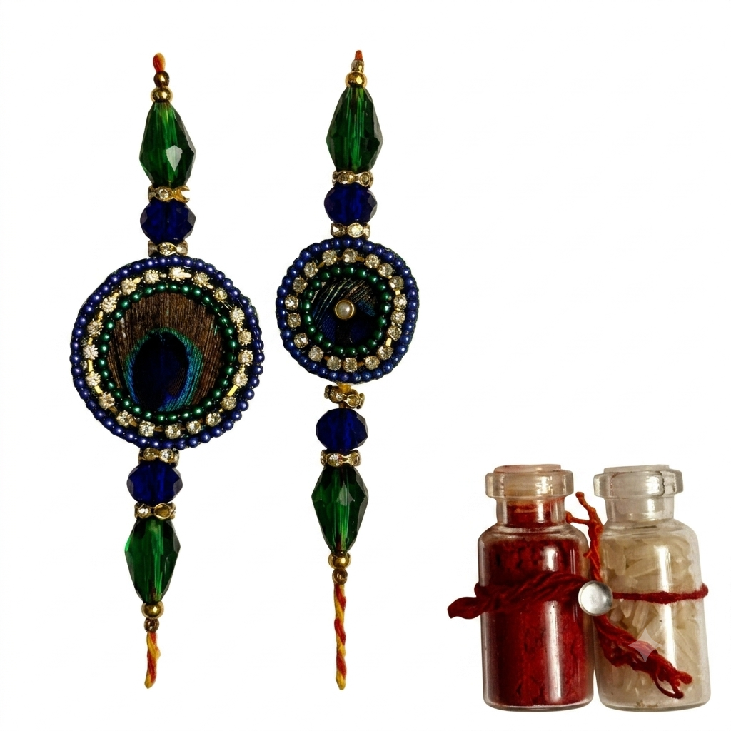 Handcrafted Peacock Feather Designer Rakhi Set of 2 with Kalava Thread, Roli & Akshat Vials thumbnail 2