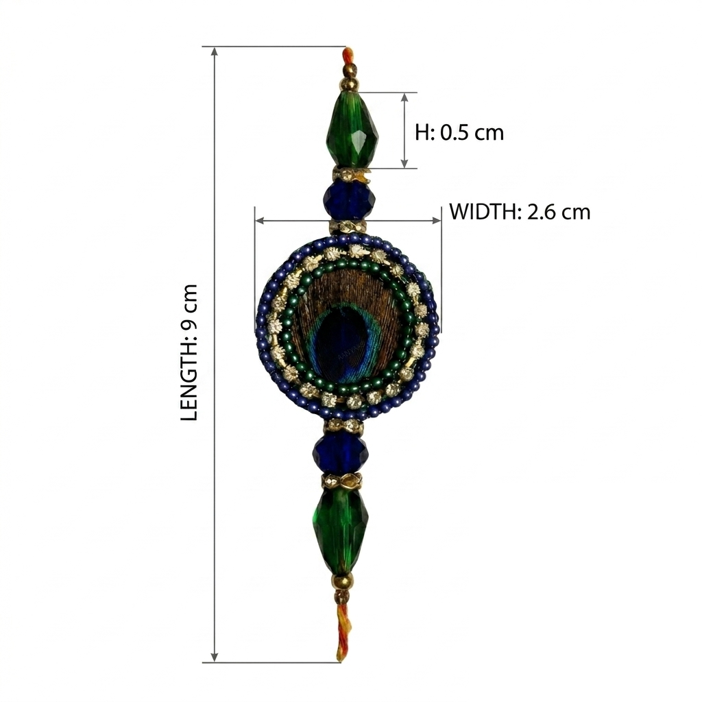 Handcrafted Peacock Feather Designer Rakhi Set of 2 with Kalava Thread, Roli & Akshat Vials thumbnail 4