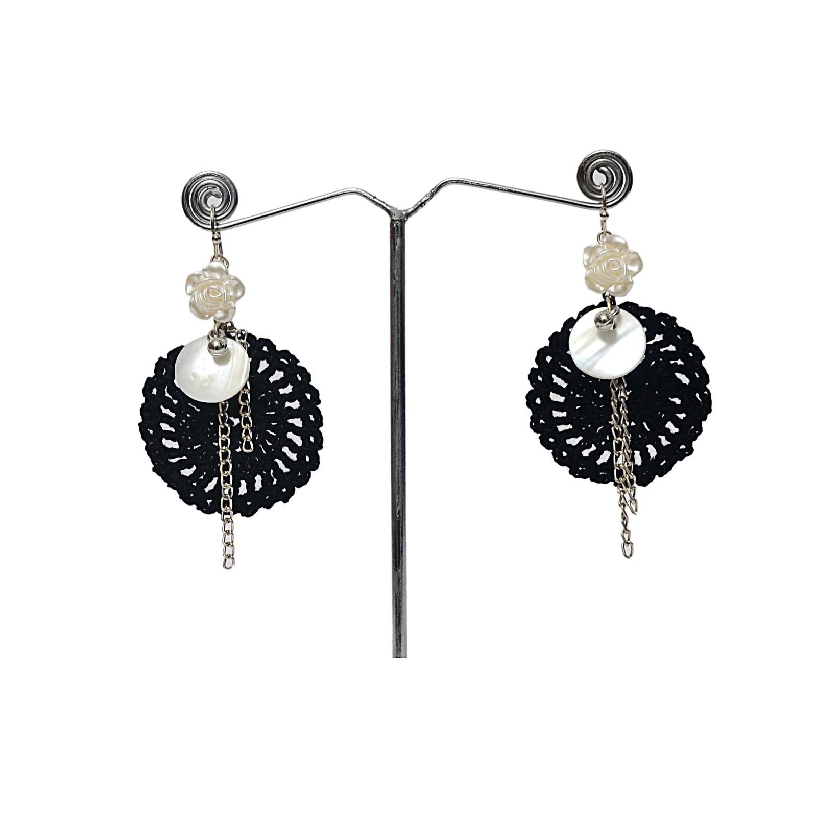 Handcrafted Black Crochet Dangler Earrings with Mother of Pearl & Floral Accent thumbnail 2