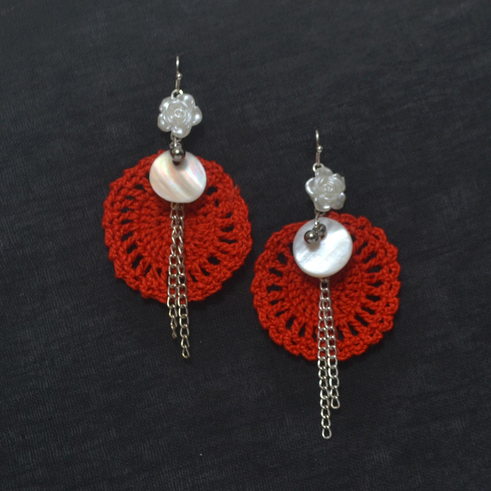 Handcrafted Black Crochet Dangler Earrings with Mother of Pearl & Floral Accent thumbnail 2