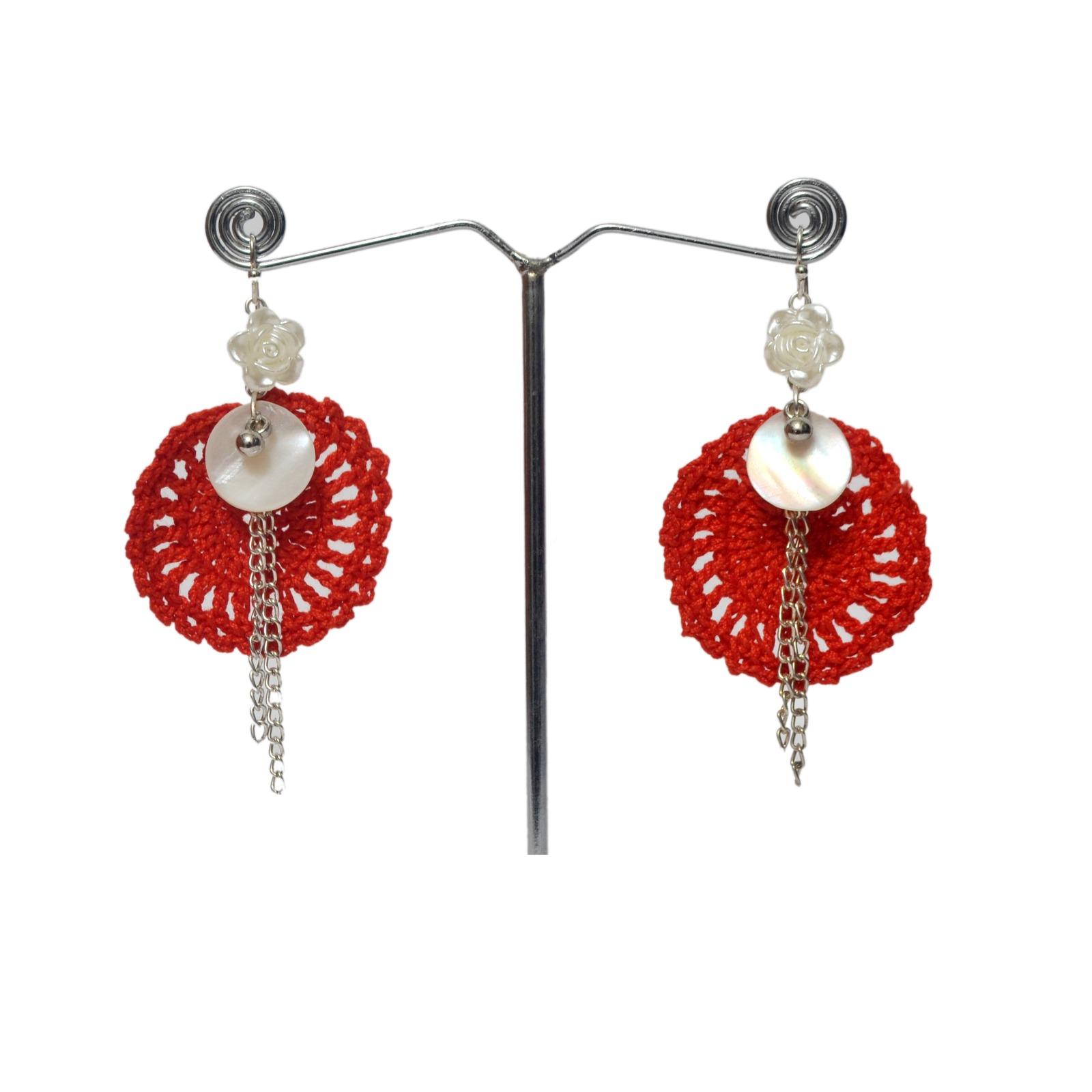 Handcrafted Black Crochet Dangler Earrings with Mother of Pearl & Floral Accent thumbnail 4