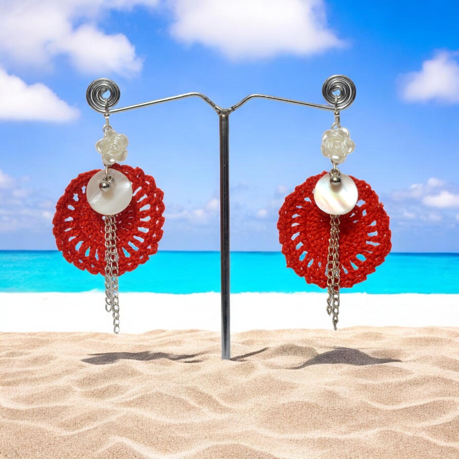 Handcrafted Black Crochet Dangler Earrings with Mother of Pearl & Floral Accent
