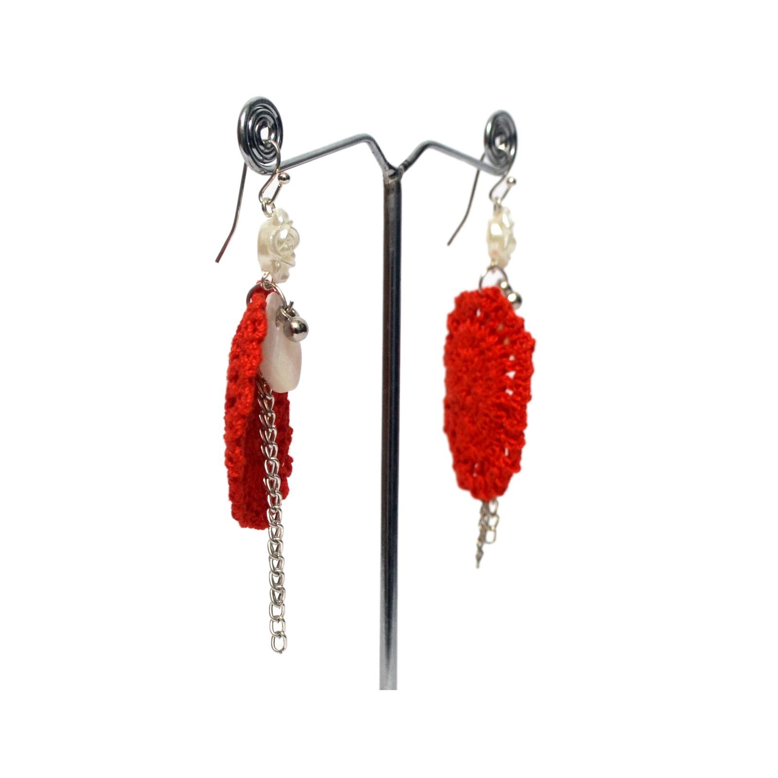Handcrafted Black Crochet Dangler Earrings with Mother of Pearl & Floral Accent thumbnail 5