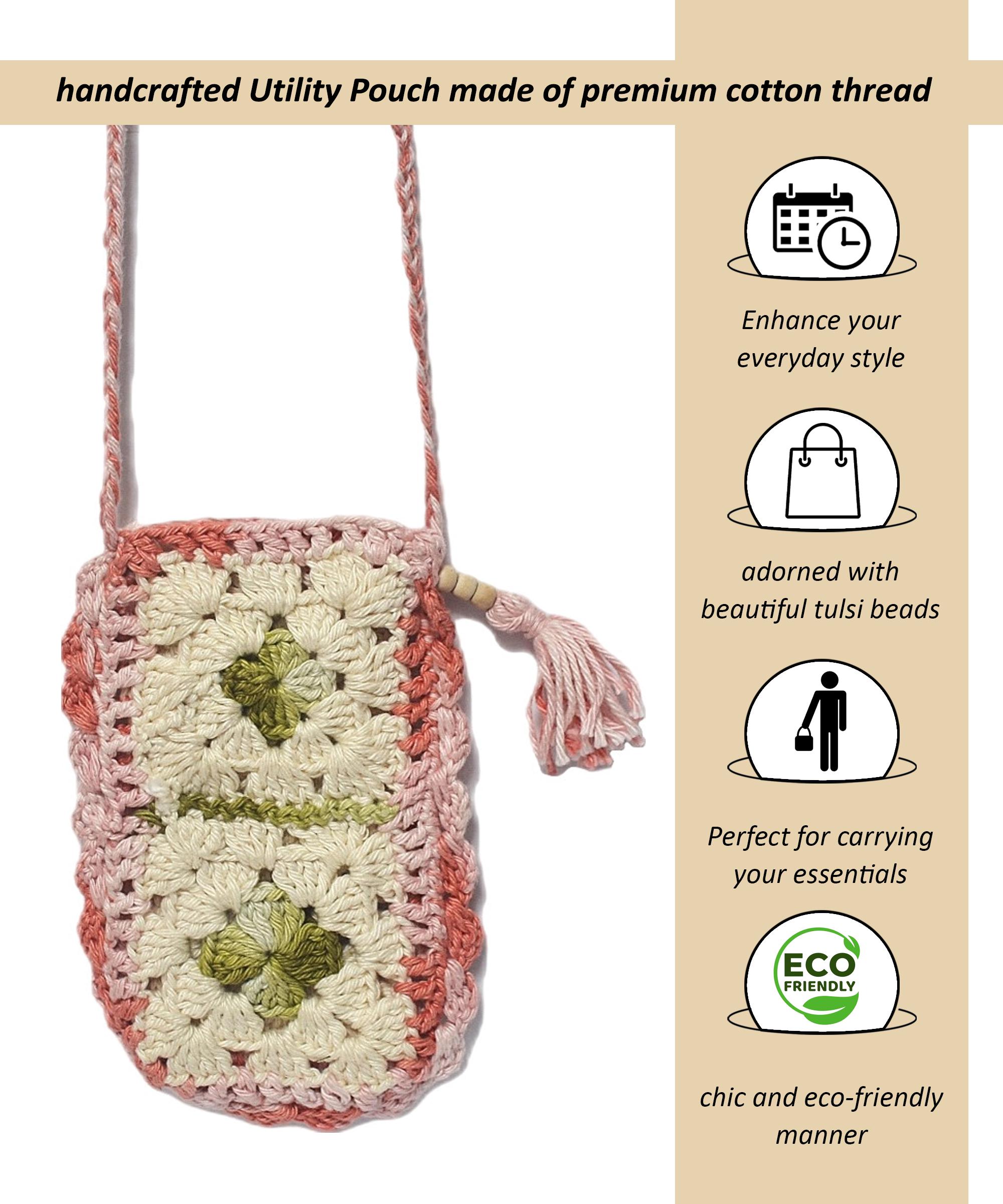 Handmade Crochet Floral Granny Stylish Utility Square Mobile Pouch with Sling thumbnail 5
