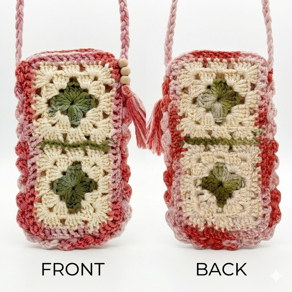 Handmade Crochet Floral Granny Stylish Utility Square Mobile Pouch with Sling thumbnail 2