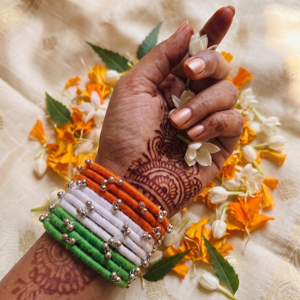 Handcrafted Tiranga Thread Bangles with Silver Ghungroo Beads (Set of 12)