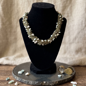 Handcrafted Olive Green Crochet Thread Necklace with Semi-Precious Stone Chips