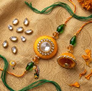Product image of Premium Handcrafted Bhaiya Bhabhi Rakhi Combo with Kalava Thread Jhumki Design, Crystal Beads, Roli