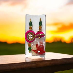 Product image of Premium Handcrafted Bhaiya Bhabhi Rakhi Combo with Kalava Thread Jhumki Design, Crystal Beads, Roli 