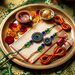 Product image of Handcrafted Peacock Feather Designer Rakhi Set of 2 with Kalava Thread, Roli & Akshat Vials
