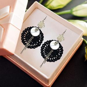 Handcrafted Black Crochet Dangler Earrings with Mother of Pearl & Floral Accent