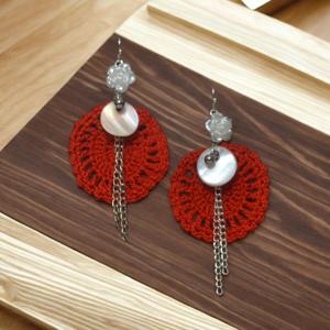 Handcrafted Black Crochet Dangler Earrings with Mother of Pearl & Floral Accent